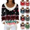 Women's Fashion Plush V Neck Pullover Top Long Sleeve Tee Christmas Printed Sweatshirt