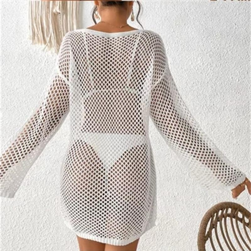 Women's Knitted Sweaters See Through Casual Loose Long Sleeve Tops Summer Lady Sexy Hollow Out Mesh Pullover Beach Smock T-shirt