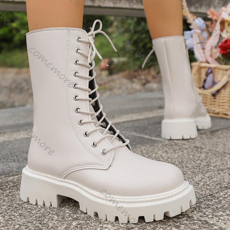 Fashion Comemore Fashion Black PU Leather Mid Calf Boots Women Thick Sole Black Boots Woman Autumn Winter Lace Up Platform Botas Mujer