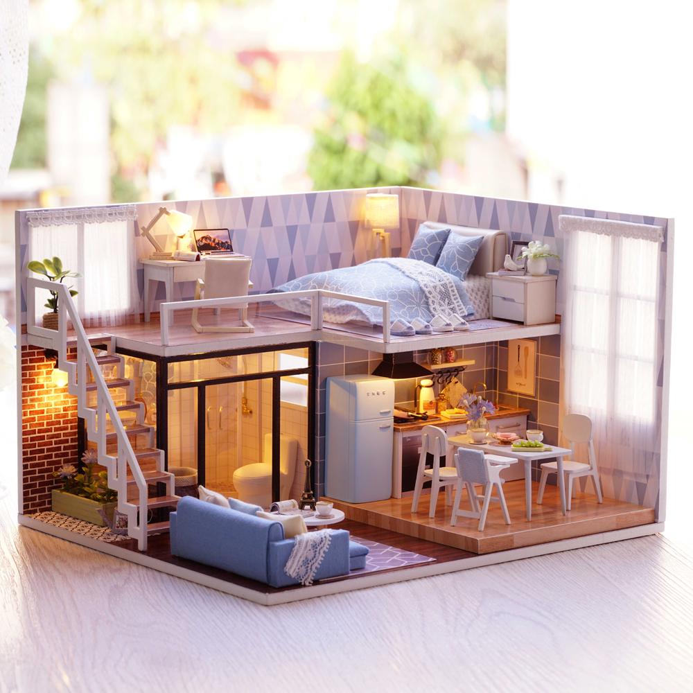 DIY Miniature Loft Dollhouse Kit Lifelike Mini 3D Wooden House Room Handmade Toy with Furniture LED