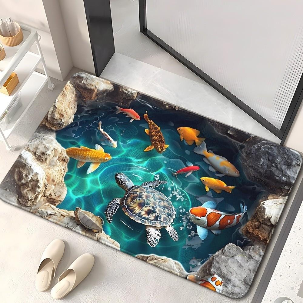 Turtle Koi Printed 3D Visual Effect Mat 2D Flat Door Rug Floor Mat Thickened Bathroom Mat Kitchen