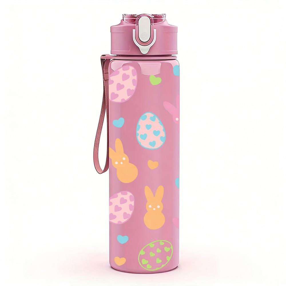 1PC Easter Egg Bunny Doodle Pattern Print 750ml Color Plastic Sports Water Bottle Leakproof Flip Straw Lid Suitable for Sports Office Home Use