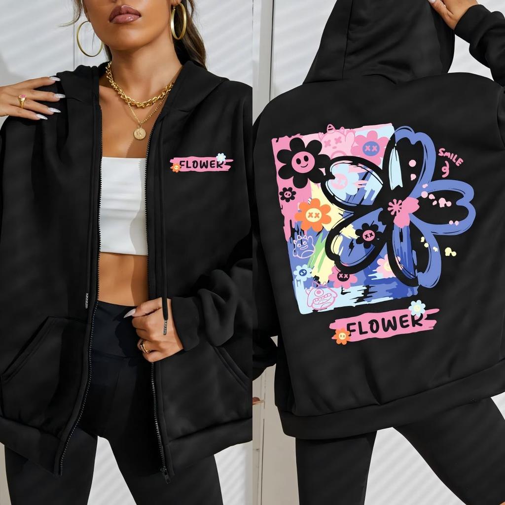 Flower Creative Graffiti Design Women Zipper Hoody Fashion Street Streetwear Loose Casual Hoodies Clothing Woman
