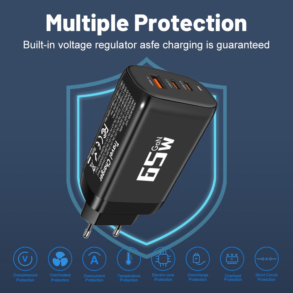 Зарядное устройство USB 65 Вт Быстрая зарядка Type C Адаптер для мобильного телефона для iPhone 15 Quick Charge 3.0 Вилка EU/KR Настенное зарядное устройство