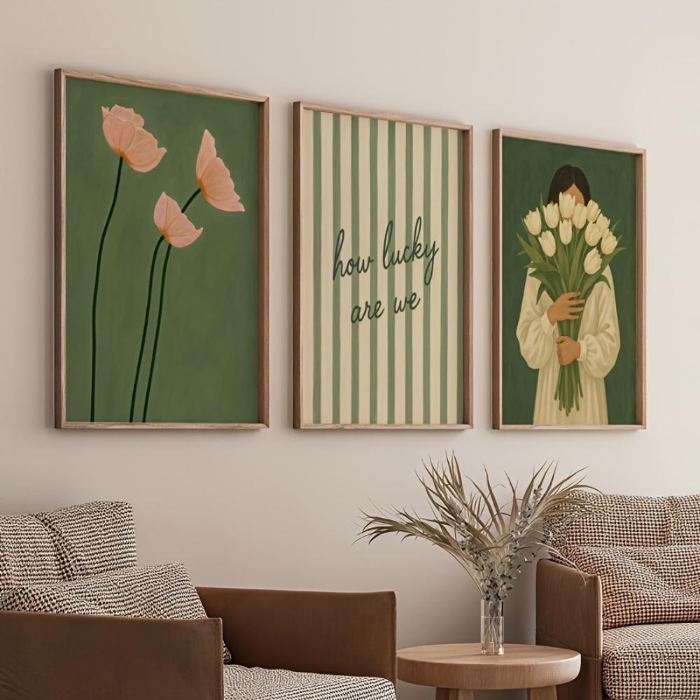 3pcs Romantic Love Quotes Poster,Retro Green Striped Simple Floral Bohemian,Peony Plant Art,Frameless Canvas Decor Living Room