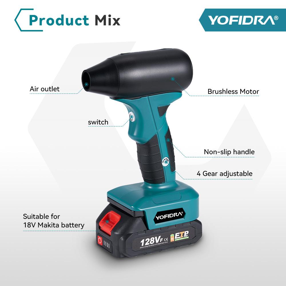Yofidra Бесщеточный электрический турбовоздуходувка струйный вентилятор 4 передачи сильный автомобильный фен ручной пылевоздушный пистолет продувка для 21 В 18 В аккумулятор