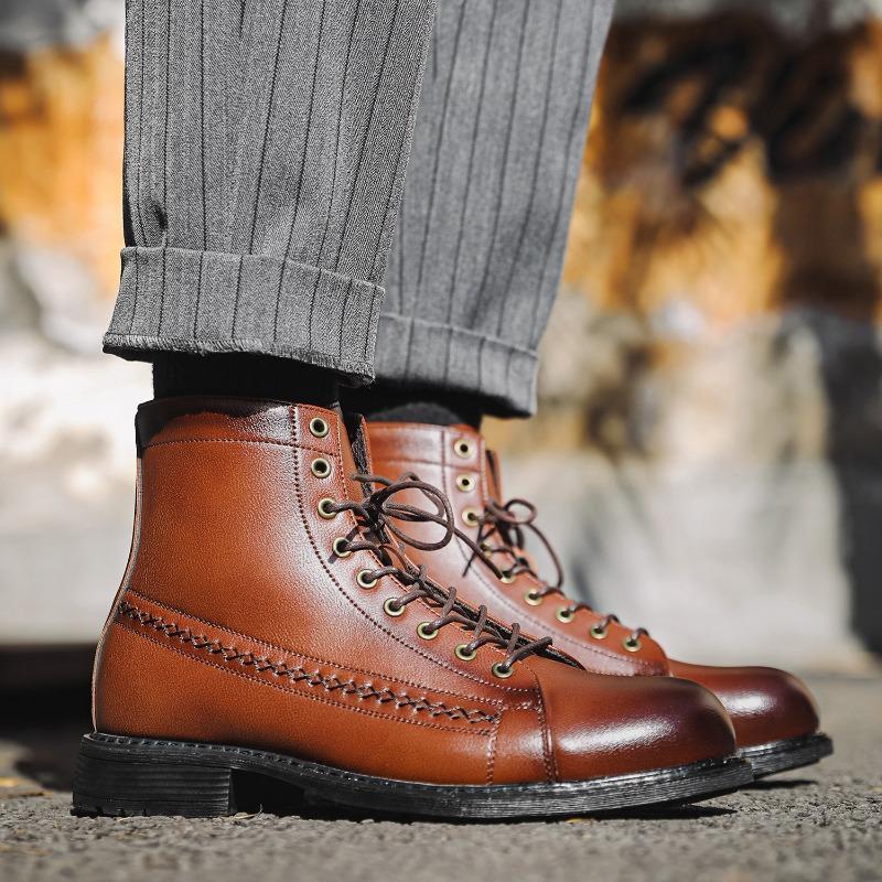 Fashion Mens Ankle Boots Classic Handmade Leather Boot Fashion Motorcycle Boots Lace Up Non Slip Trekking Boot Work Safety Boots for Men