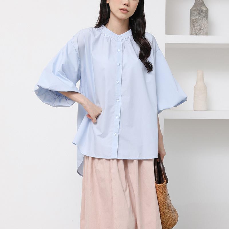 Japanese Short-sleeved Shirt for Women In Summer New Versatile Lazy Loose Puff Sleeve Solid Color Shirt