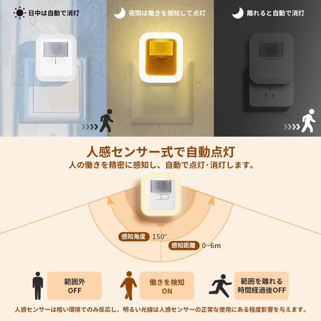 [Set of 2, PSE Certified] Motion Sensor Light for Indoor Use, Footlight, 10 Brightness Levels, 4 Time Modes, Foldable Plug, Outlet Type, Ideal for