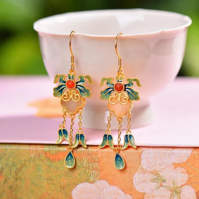 Natural Hetian White Jade Enamel Porcelain Tassel Earrings for Women Ancient Gold Craftsmanship Ancient Rhyme Court Jewelry