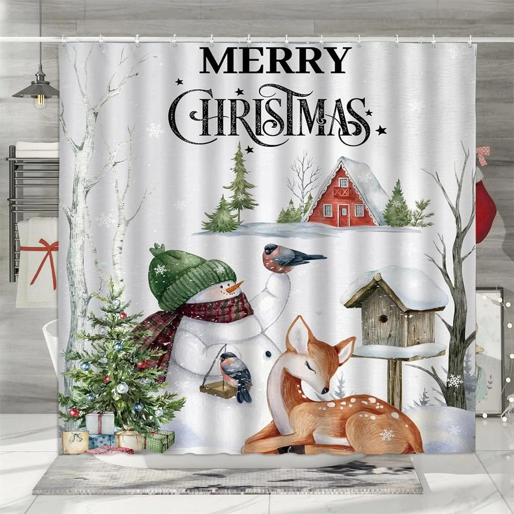 Christmas Shower Curtain, Winter Holiday Farm Snowman Santa Claus Christmas Tree Farmhouse Christmas Balls Bathroom Decoration
