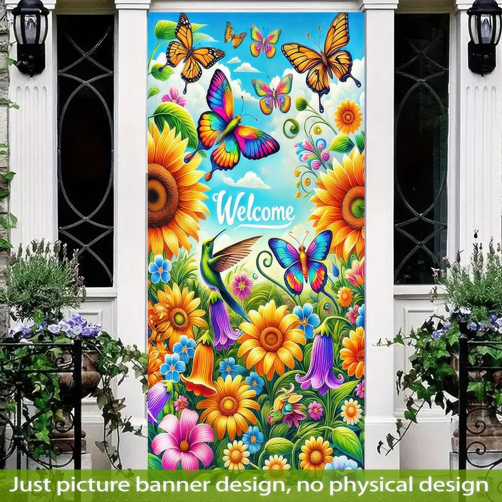 Welcome Door Cover Spring Butterfly Design Door Banner 71x35 Inch Polyester Summer Sunflower Hummingbird Decoration for Front Door and Indoor