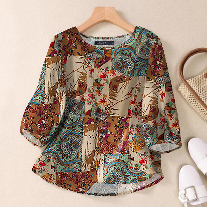 ZANZEA Women Casual O-neck 3/4 Sleeve Loose Print Cotton Blouse