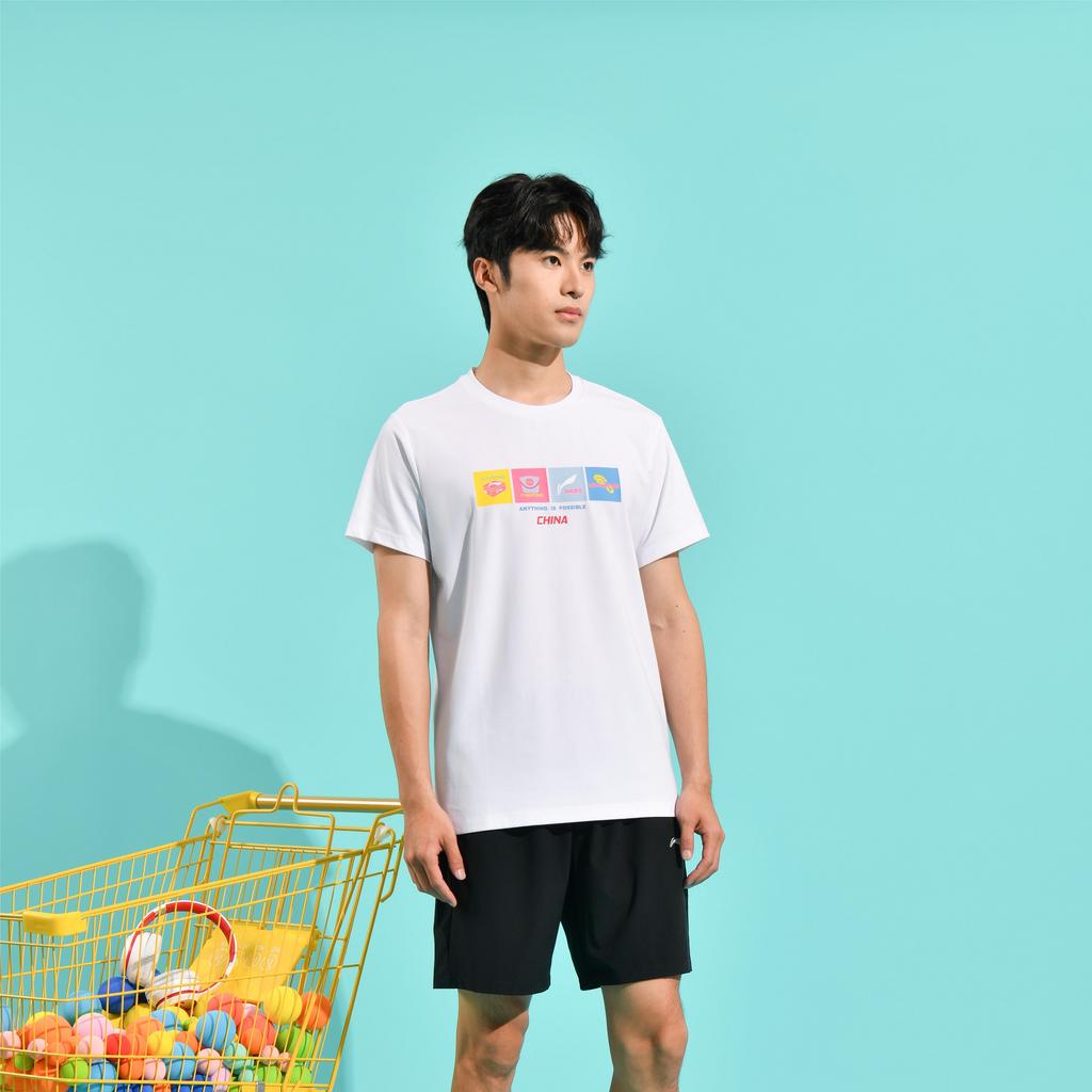 Li-Ning Футболка унисекс с круглым вырезом и графическим принтом серии Ping Pong, белая ATST031-2