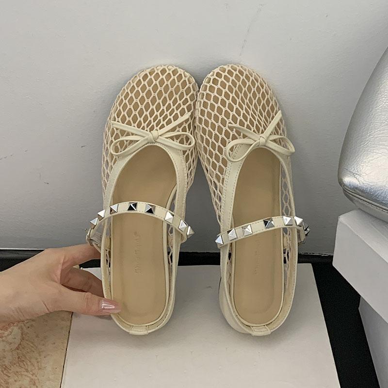 Мода Новинка 2025 Мода Заклепка Женские Балетки Мэри Джейн Обувь Бабочка-узел Женская Круглый Носок Обувь Слипоны Женские Балетки С Обувью