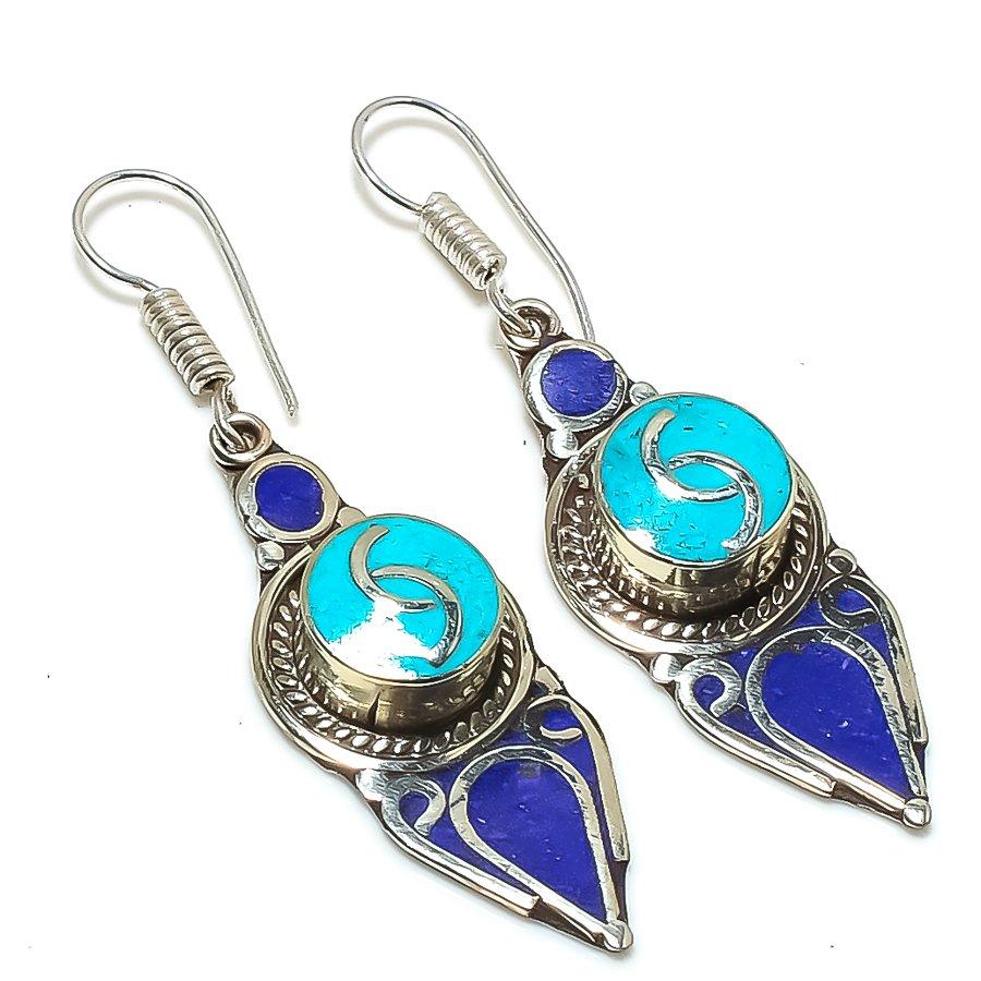 Natural Tibetan Turquoise, Lapis Gemstone Handmade Jewelry Earring 2.40" V4M56