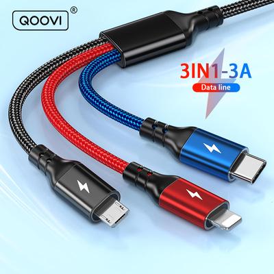 QOOVI Кабель для быстрой зарядки 3 в 1, Micro USB/Type-C/Lightning