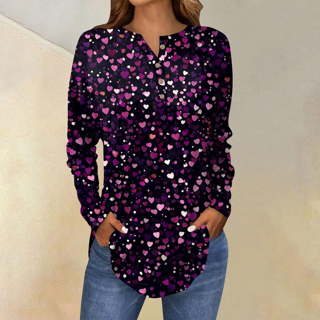 Женская мода свободный воротник на пуговицах с принтом длинный рукав футболка топы пуловер