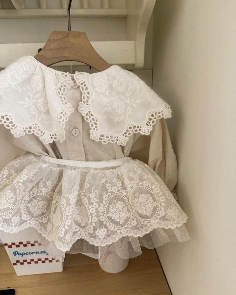 Корейский весенний кружевной боди с отложным воротником и застежкой на кнопках внизу для девочек - Комбинезон для младенцев/малышей, 2025