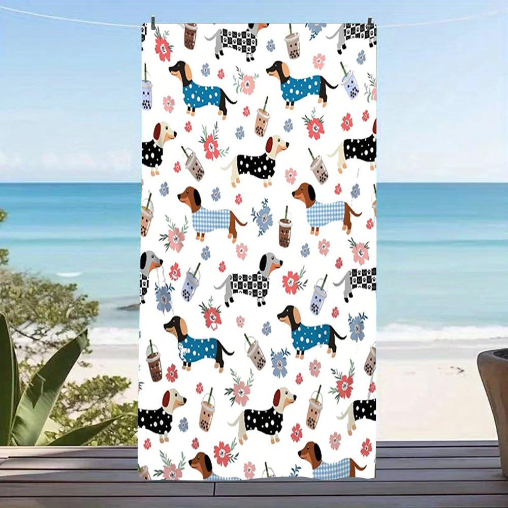 White Floral Bubble Tea Dachshund All Over Print Beach Towel,absorbent for seaside camping,park lounge & casual coastal trips