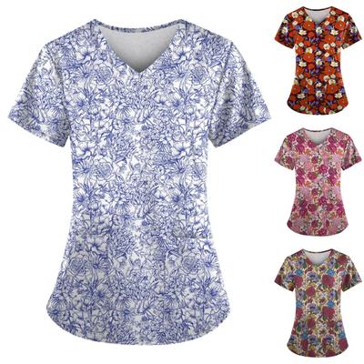 Женские футболки с персонализированным милым принтом, топ с v-образным вырезом и короткими рукавами, рабочая форма, топы с карманами