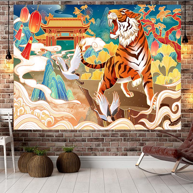 Большой гобелен в китайском стиле в стиле тигра, настенный гобелен с геометрическим рисунком, гобелен в стиле хиппи, домашний декор, эстетическое украшение