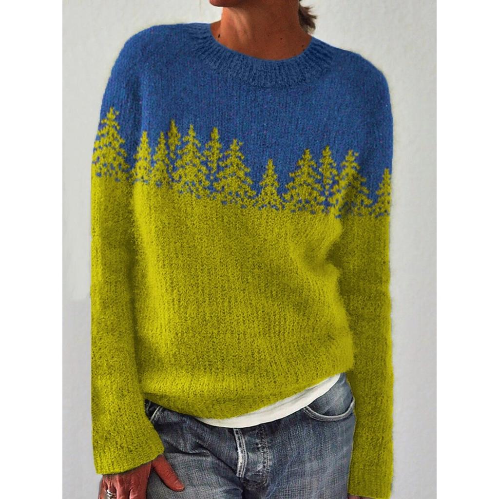 Свитер, Женский, Круглый вырез, Цветной блок, Свободный крой, Пуловер, Вязаный свитер, Теплый, Повседневный топ