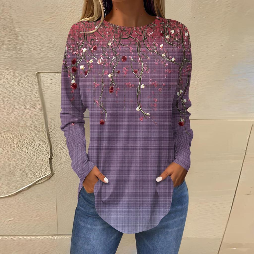 Women's Loose Round Neck Print Long Sleeve T-Shirt Top Pullover
