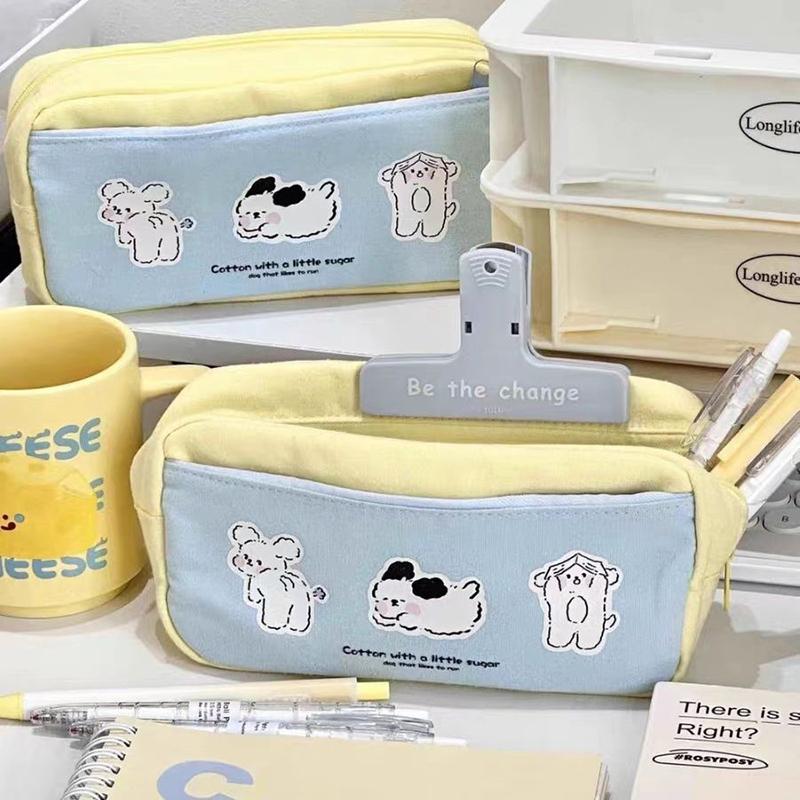 Cute Three Puppies Large Capacity Pencil Case Lovely Canvas Pencil Bag Stationery Storage Pouch For School Supplies Student Gift
