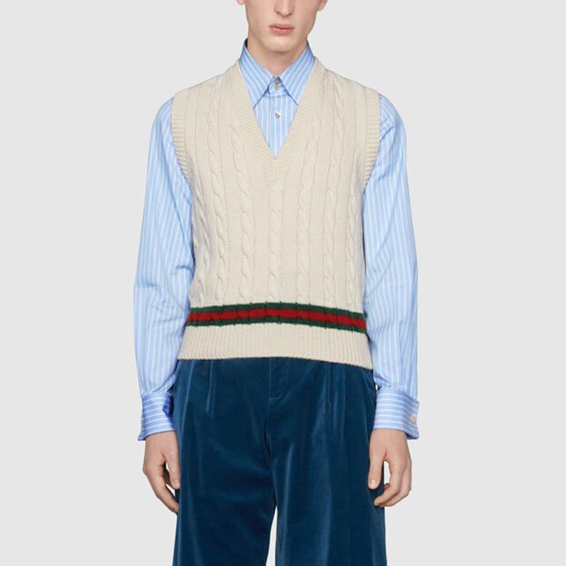 GUCCI Vests Men's Ecru V-neck Moderate Knitted Fabric 681081-XKB2N-9275