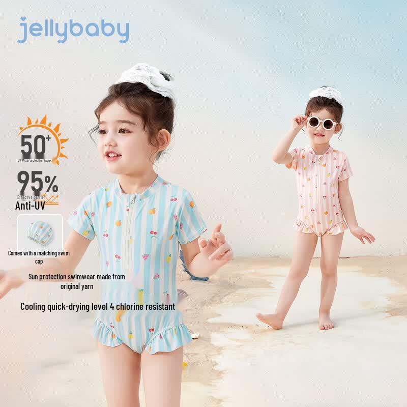 JELLYBABY Дышащий Антибактериальный Девочковый Цельный Купальник в Фруктовую Полоску