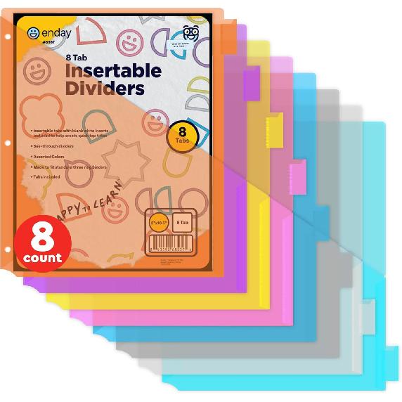 Enday Dividers with Pockets for 3 Ring Binder, 8 Subject Dividers, Plastic Multicolor 8 Pack with Tabs and Pockets