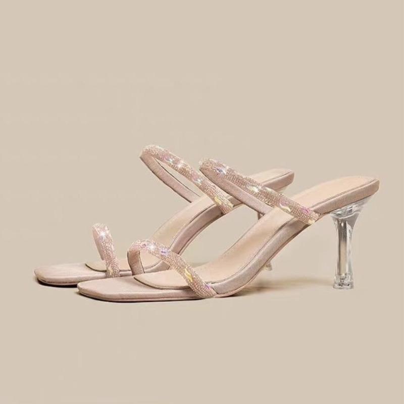 Fashion Summer Fashion Stiletto Slippers Square Open Toe Glitter Thin Strap Set Foot Anti-slip Wear-resistant Heels