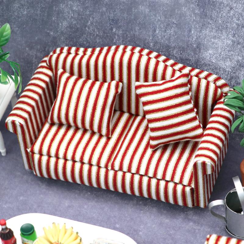 1:12 Dollhouse Miniature Living Room Sofa Set: Gold Trim & Red Stripe Sofa with Throw Pillows