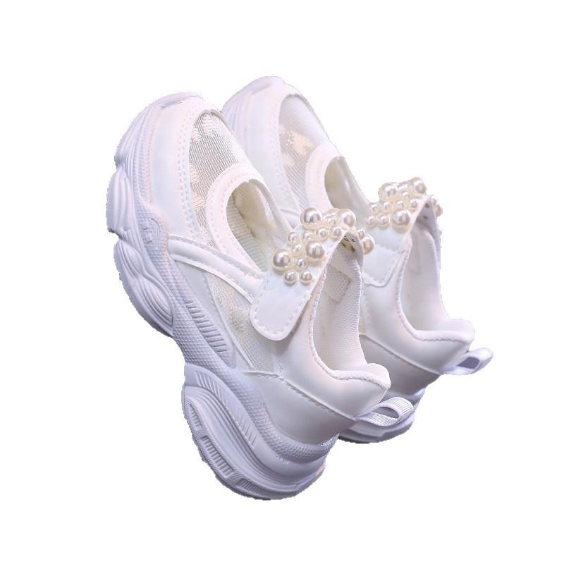 Girls' Solid Color Mesh Hollow Sneakers, New Summer Style for Children and Older Kids, Pearl Solid Color Dad Shoes
