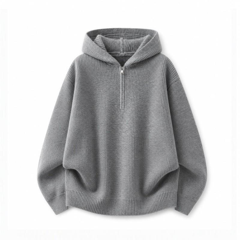 Unisex Oversized Hooded Sweater 2025 Casual Knit Pullover With Half Zip Gray Black Loose Fit Acrylic Blend
