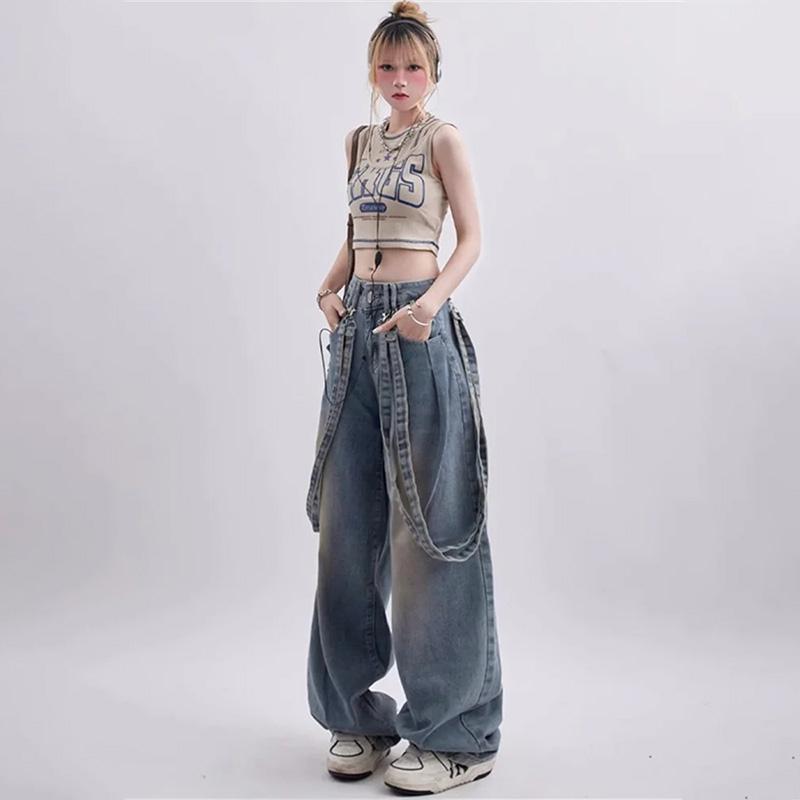 90s Vintage Blue Jeans Women Y2K Korean Fashion Retro Wide Leg Overalls Oversized Harajuku Hippie Streetwear Denim Pants