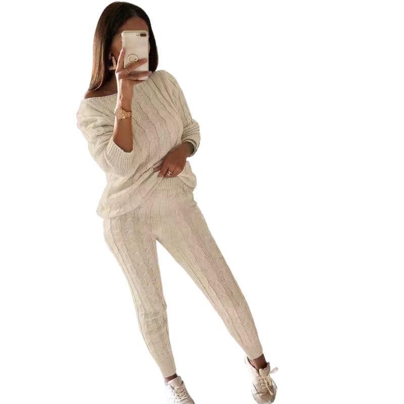 YYFS Женская мода повседневная осень-зима однотонные принты с длинным рукавом и круглым вырезом женская одежда шерстяной трикотаж свитера и брючные костюмы