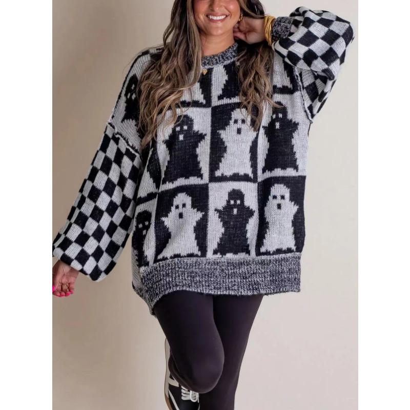 Осень-зима, длинные рукава, женские свитера, мода, большие размеры, Хэллоуин, свободный свитер с круглым вырезом, винтажный женский элегантный принт, повседневные джемперы 25367