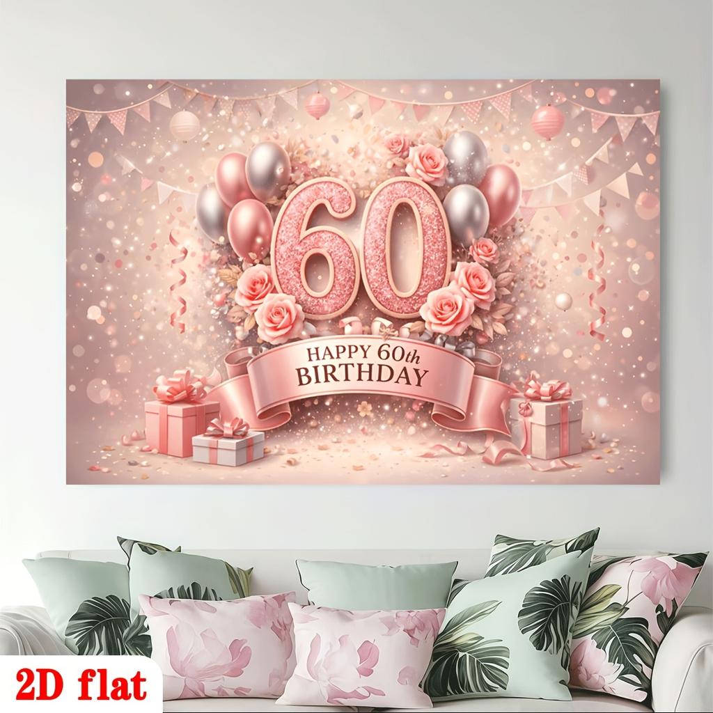 60th Birthday Pink Roses Glitter Balloons Gifts Ribbon Banner Polyester Backdrop, for Party Decor Home, Club, Garden, Farm, Room, No