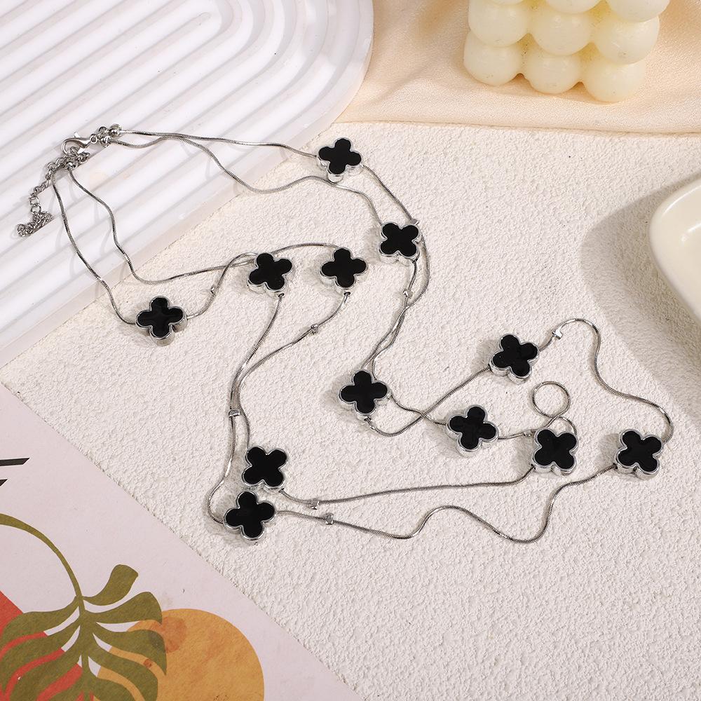 Двойное ожерелье с четырехлистным клевером, многослойная длинная женская цепочка для свитера, новые аксессуары для одежды осень-зима