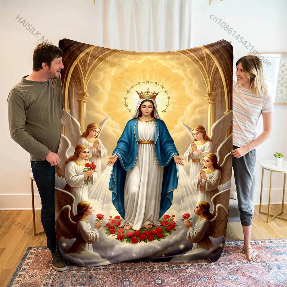 1PC Virgin Mary surrounded by angels Print Believer Pray blanket Warm soft flannel material suitable for all seasons luxury gift