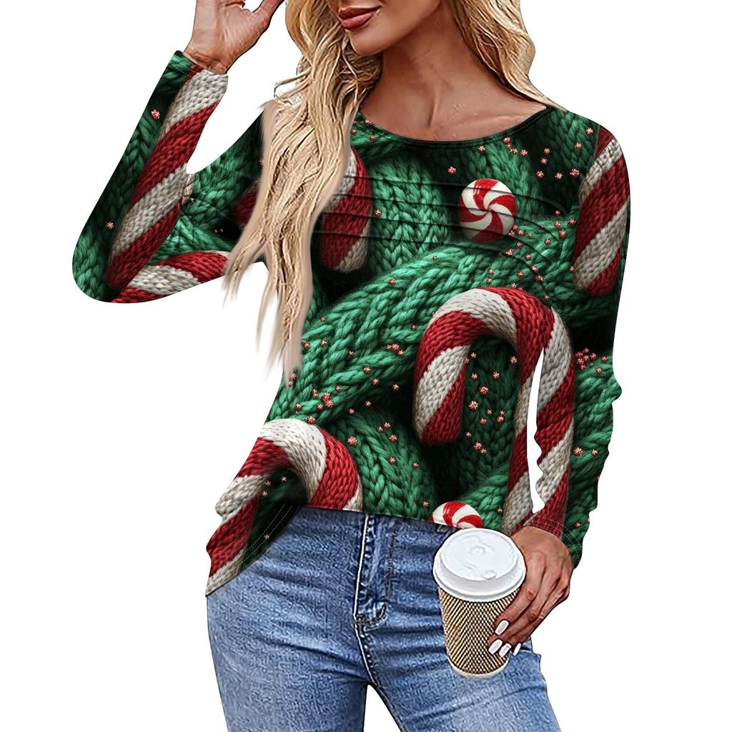 Женская повседневная модная футболка с круглым вырезом и длинными складками на Рождество