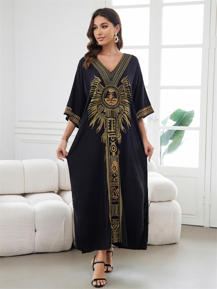EDOLYNSA 2024 Vintage Plus Size Kaftan Ethnic Gold Embroidery Beach Dress Vacation Swimsuit Cover Up For Women Cozy V-neck Side Split House Robe