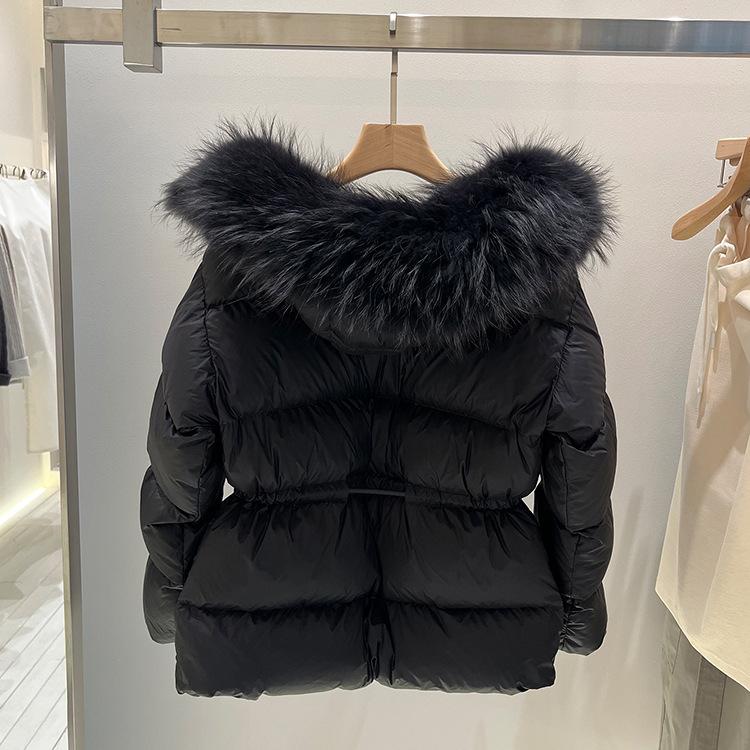 Winter new raccoon big fur collar hooded down jacket women's short waist thin white duck down warm jacket