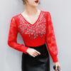 Spring Autumn Women's Lace Sleeve Patchwork T-Shirt Elegant V-neck Tees Slim Ladies Tops With Rhinestone Flower