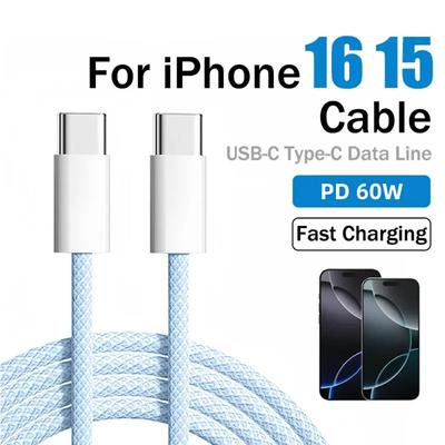 60 Вт PD USB C кабель для быстрой зарядки для iPhone 15 16 Pro Max 15 16 Plus Samsung Huawei Xiaomi Redmi Type C на Type C плетеный кабель