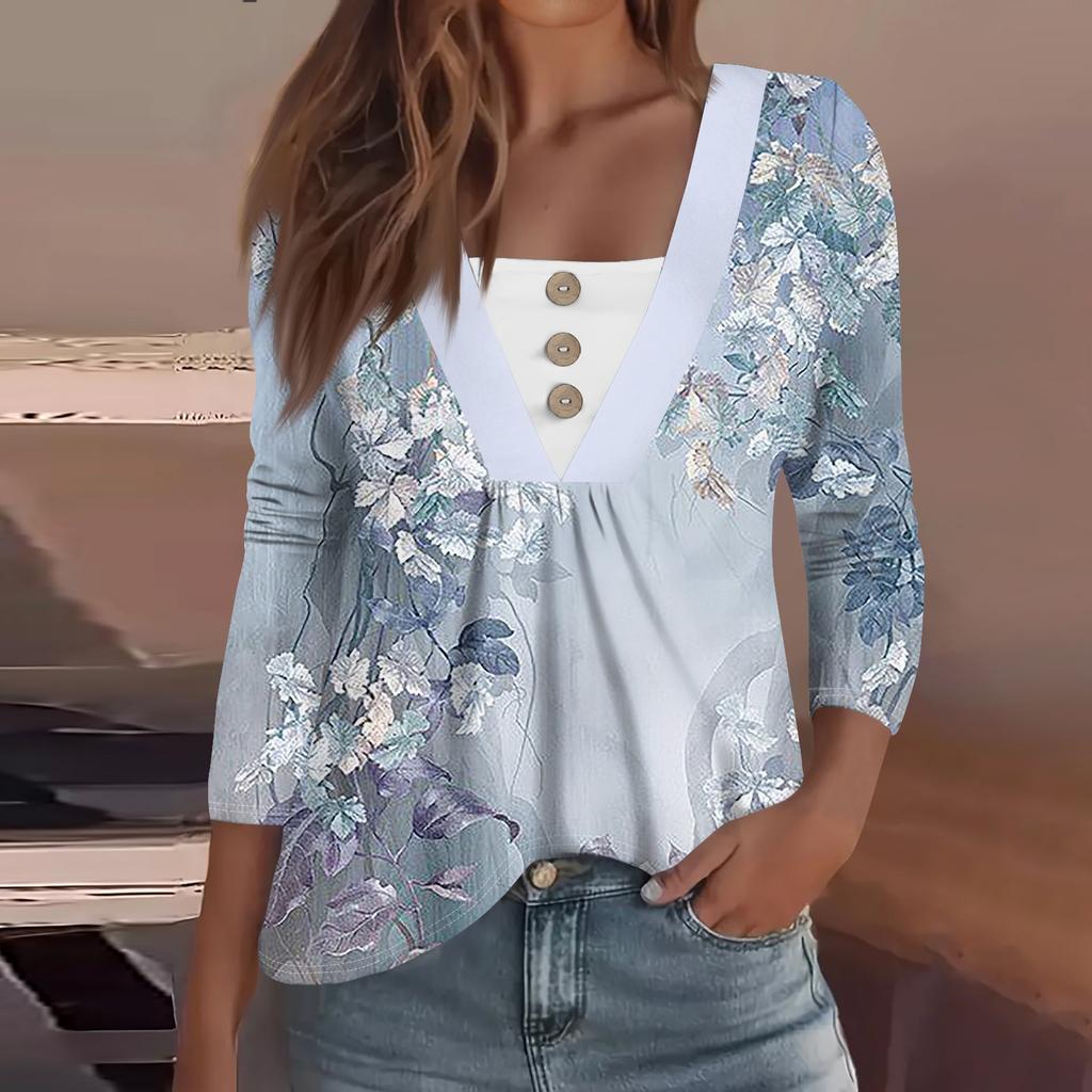 Women's Fashion Casual Long Sleeve Shirt Floral Printed Button V Neck Up Tops