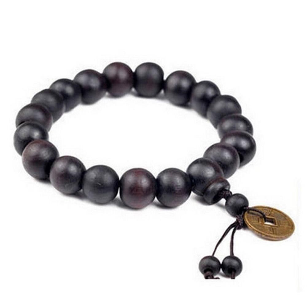 Women Men Religion Lucky Wood Bead Bangle Buddha Bracelet Copper Coin Prayer Beads
