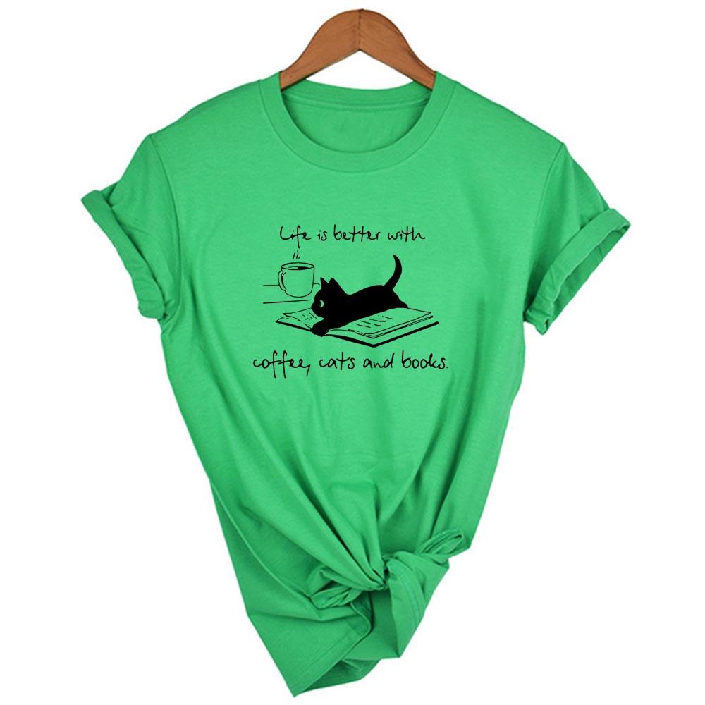 Life Is Better With Coffee Cats And Books T Shirt Women Funny Casual Tshirt Summer Style